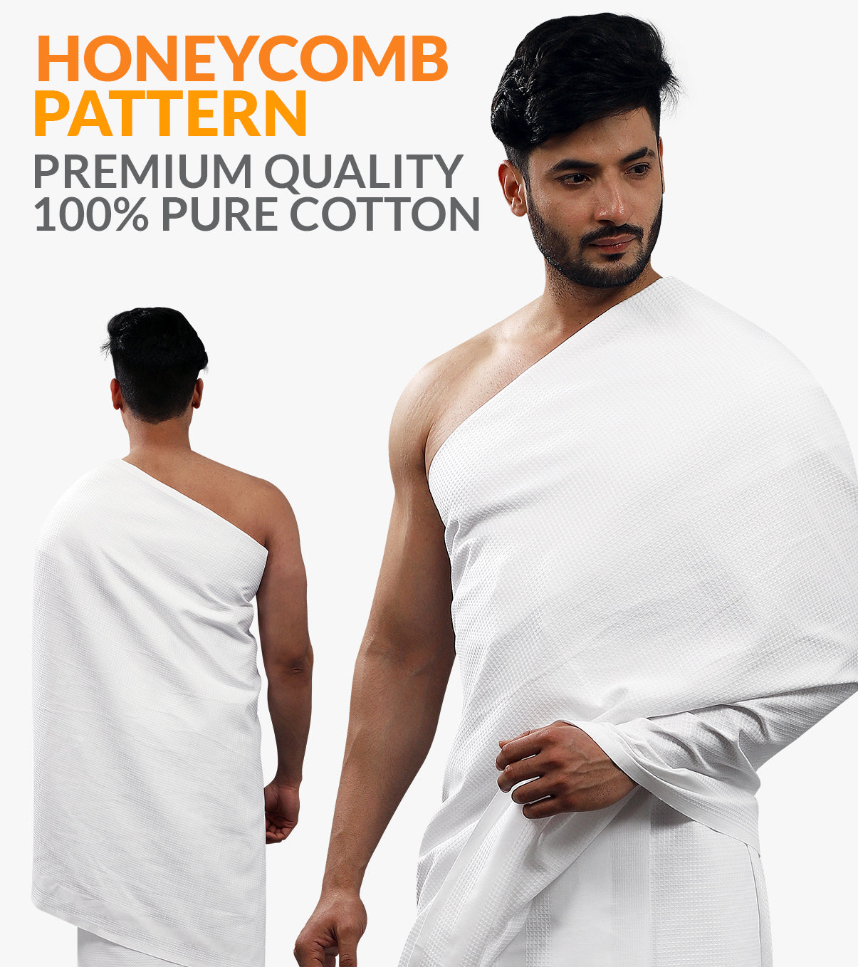 Honey Comb Pattern Ihram Ahram Ehram for Hajj Umrah 1 Top 1 Bottom with Ahram Belt White