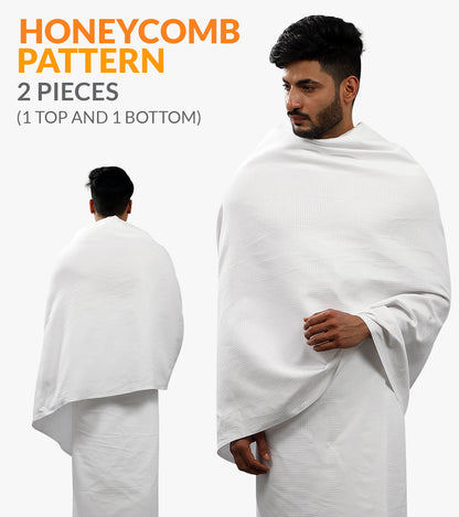 Honey Comb Pattern Ihram Ahram Ehram for Hajj Umrah 1 Top 1 Bottom with Ahram Belt White